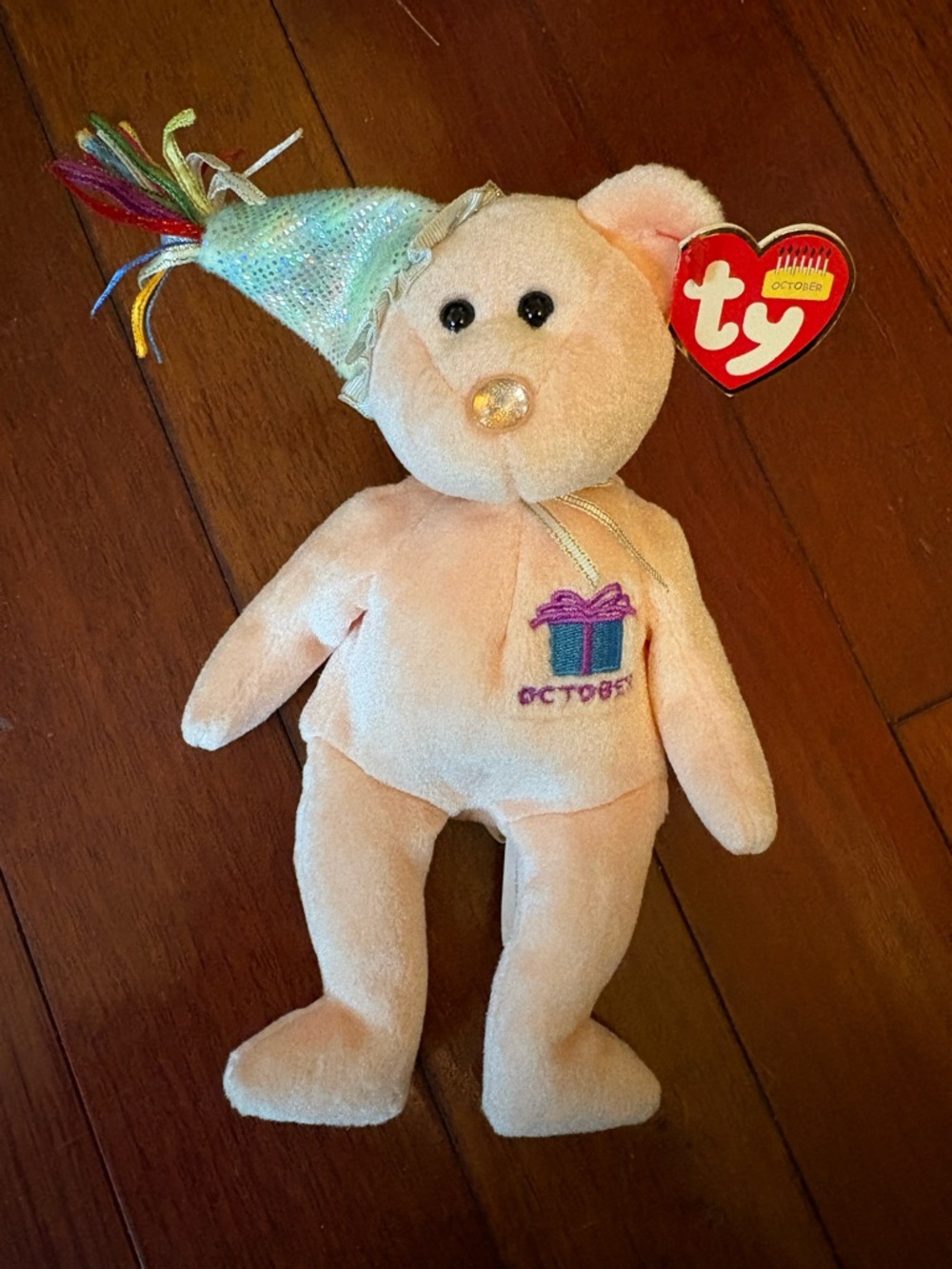 Ty Pink Bear with Party Hat Plush - October Gift Embroidery